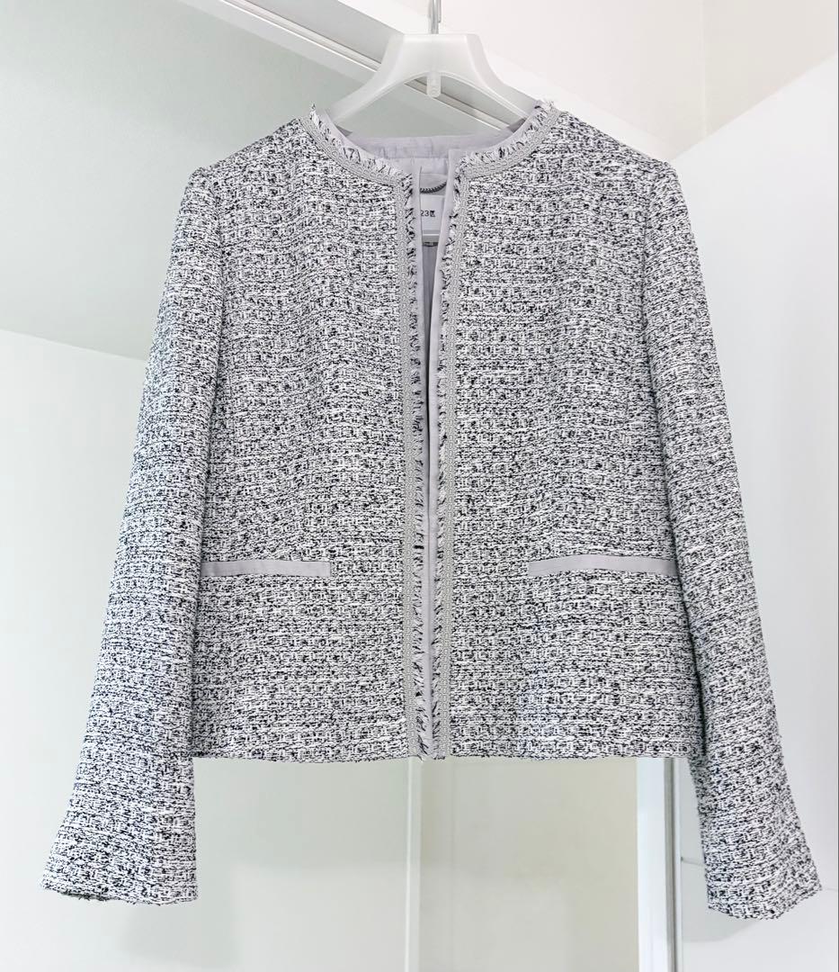 23区 ジャケット　シャイン　ツイード　ストレッチ　ノーカラー　2024