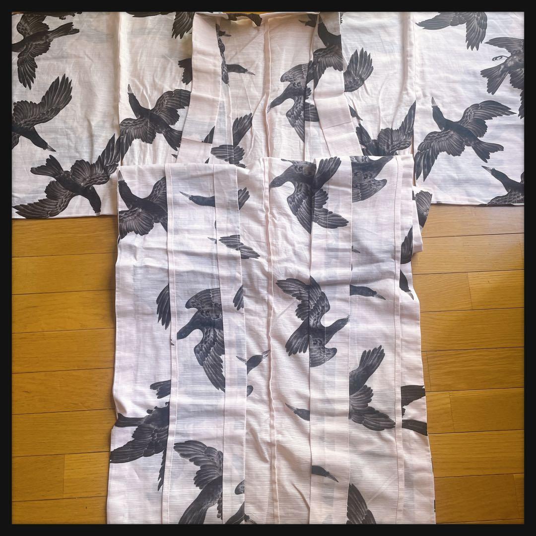 希少 老舗 京都 岡重 八咫烏 綿 絽 ピンク カラス 浴衣 和装 高級ゆかた