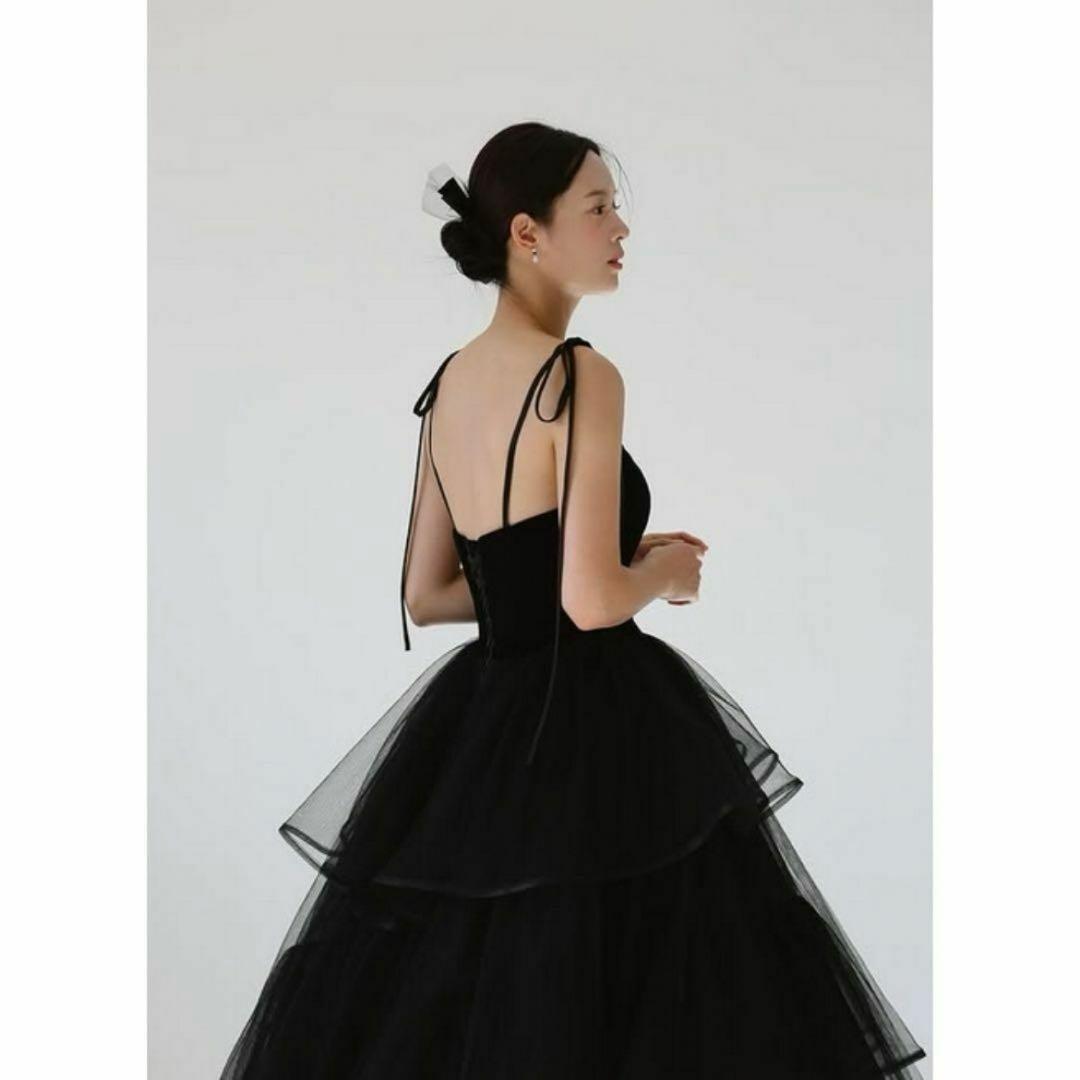 ブラックキャミソールティアードチュールドレス／結婚式／前撮り／カラードレス