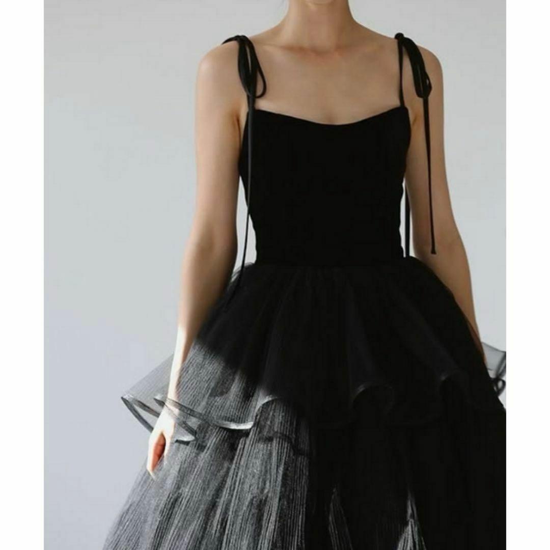 ブラックキャミソールティアードチュールドレス／結婚式／前撮り／カラードレス