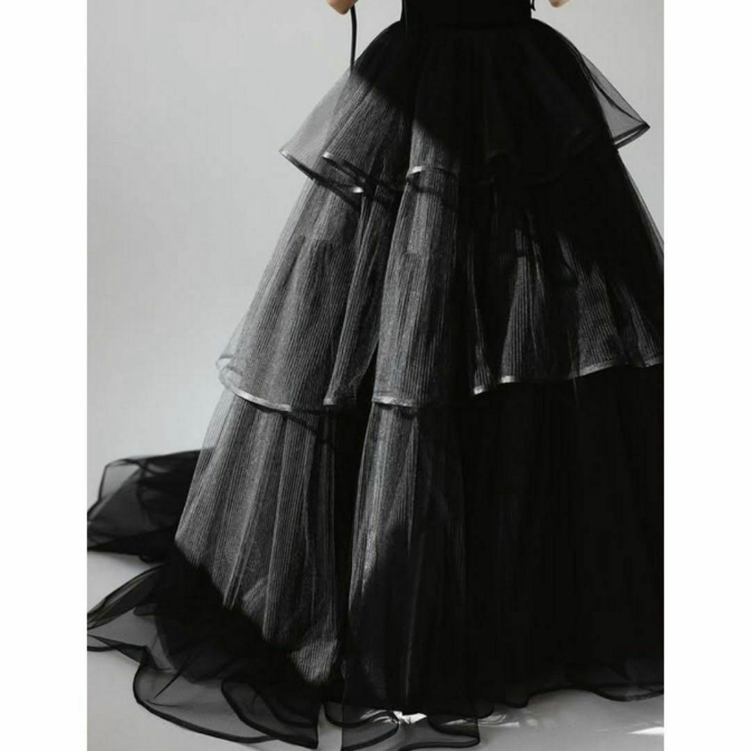 ブラックキャミソールティアードチュールドレス／結婚式／前撮り／カラードレス