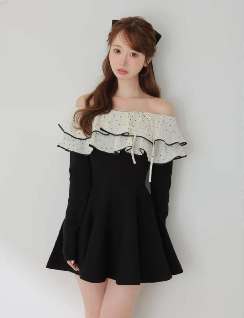 ワンピース M me eme Petite Dot Frill onepiece Black