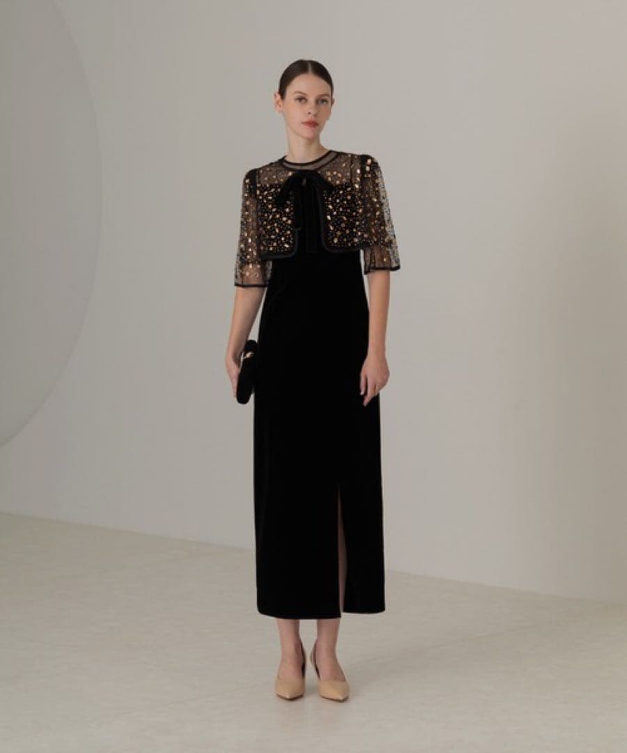 leja ビジューストーンボレロベロアスリットIラインドレスワンピース