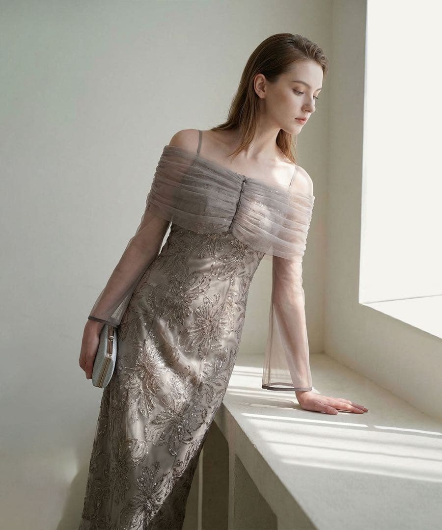 チュールオフショルダー花柄Iラインワンピースドレス結婚式二次会パーティー成人式