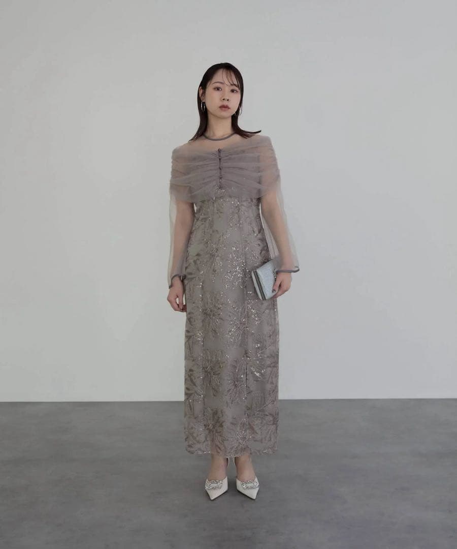 チュールオフショルダー花柄Iラインワンピースドレス結婚式二次会パーティー成人式