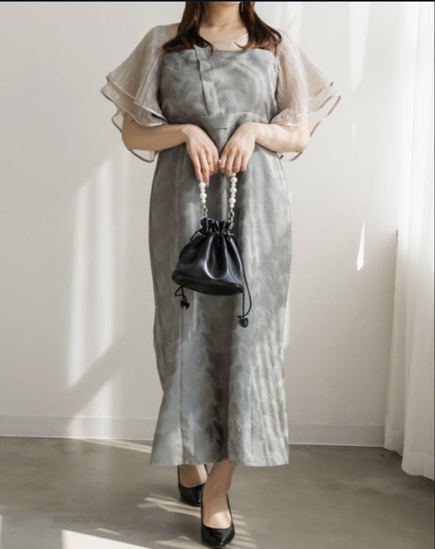 プリーツフレアスリーブレイヤード風ワンピースドレス/4L／クレット