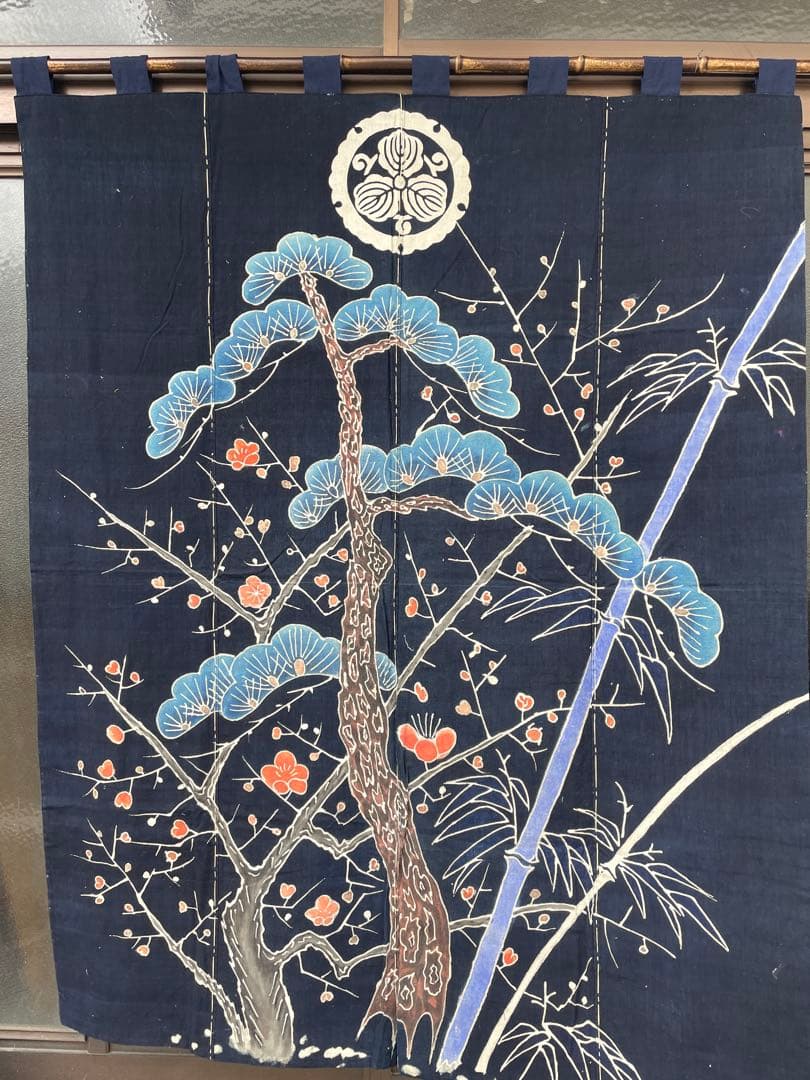 未使用:米沢 藍染 本藍 【遠藤きよ子】筒がき 大判タペストリー 壁掛け 松竹梅