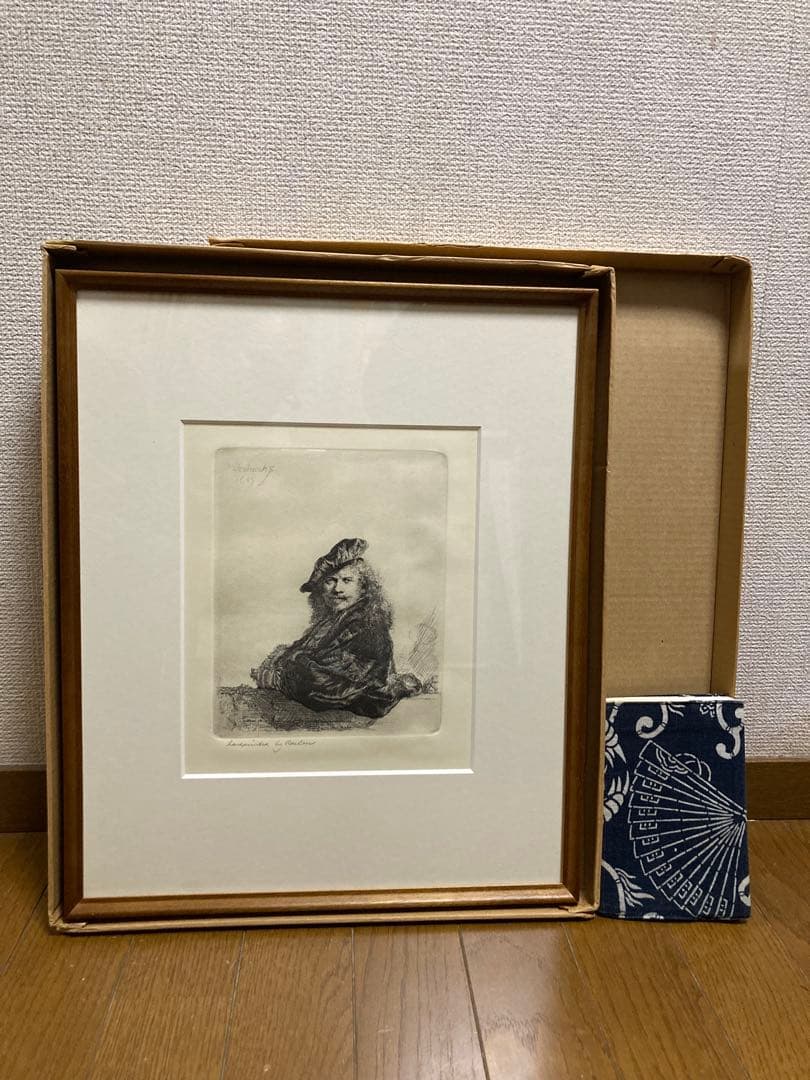 銅版画・エッチング【レンブラト】 「石の手すりに寄りかかる自画像」刷り師サイン