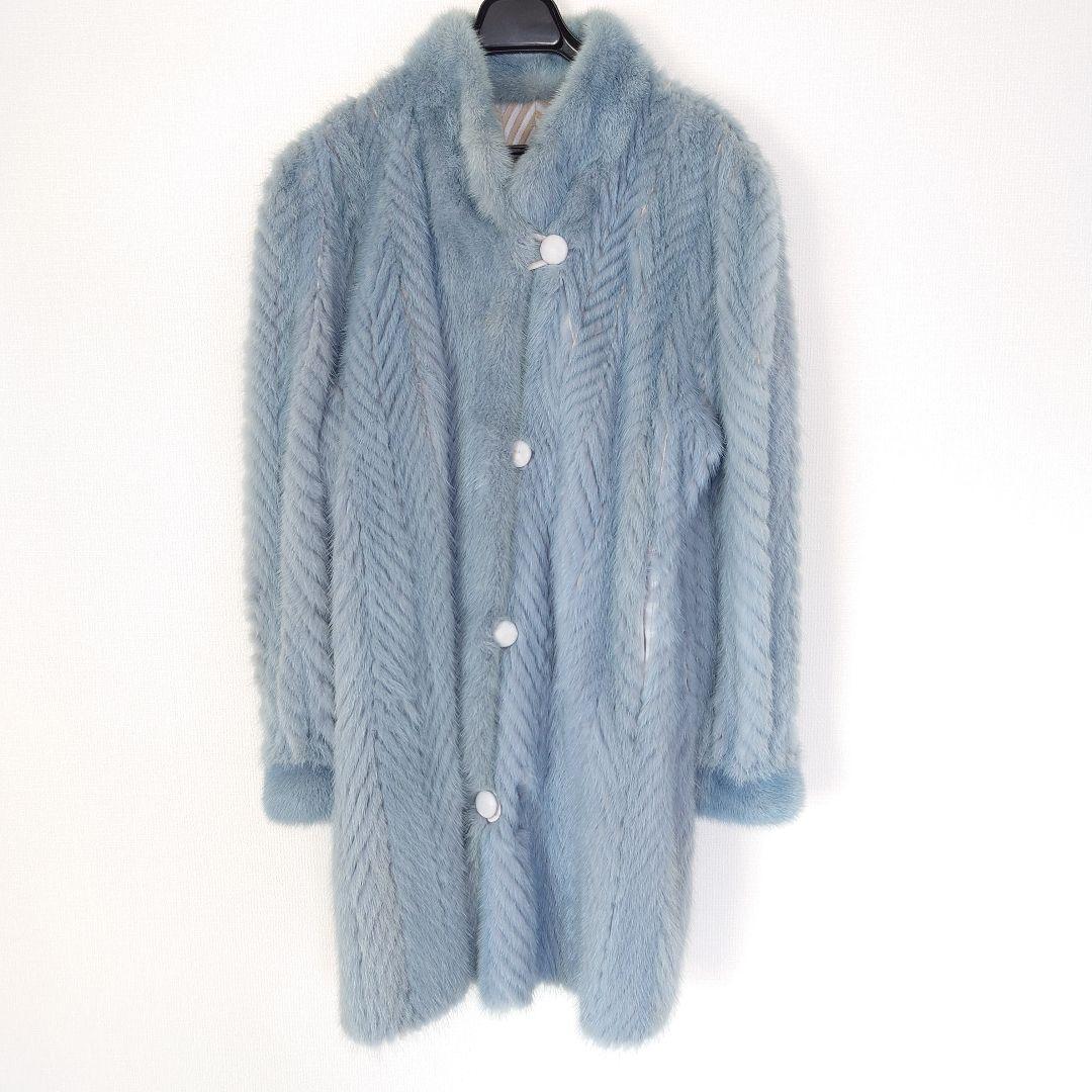 ラビット毛皮ライトブルー ヘリンボーンコートラパン外国製うさぎのハ−フコ―ト