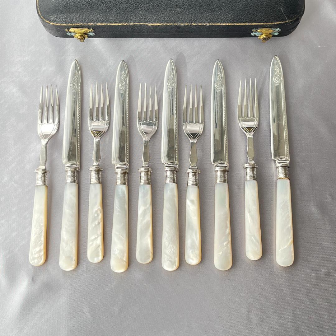 【英国 】【白蝶貝 / 純銀継手】ビクトリアン デザートセット10本 1921年