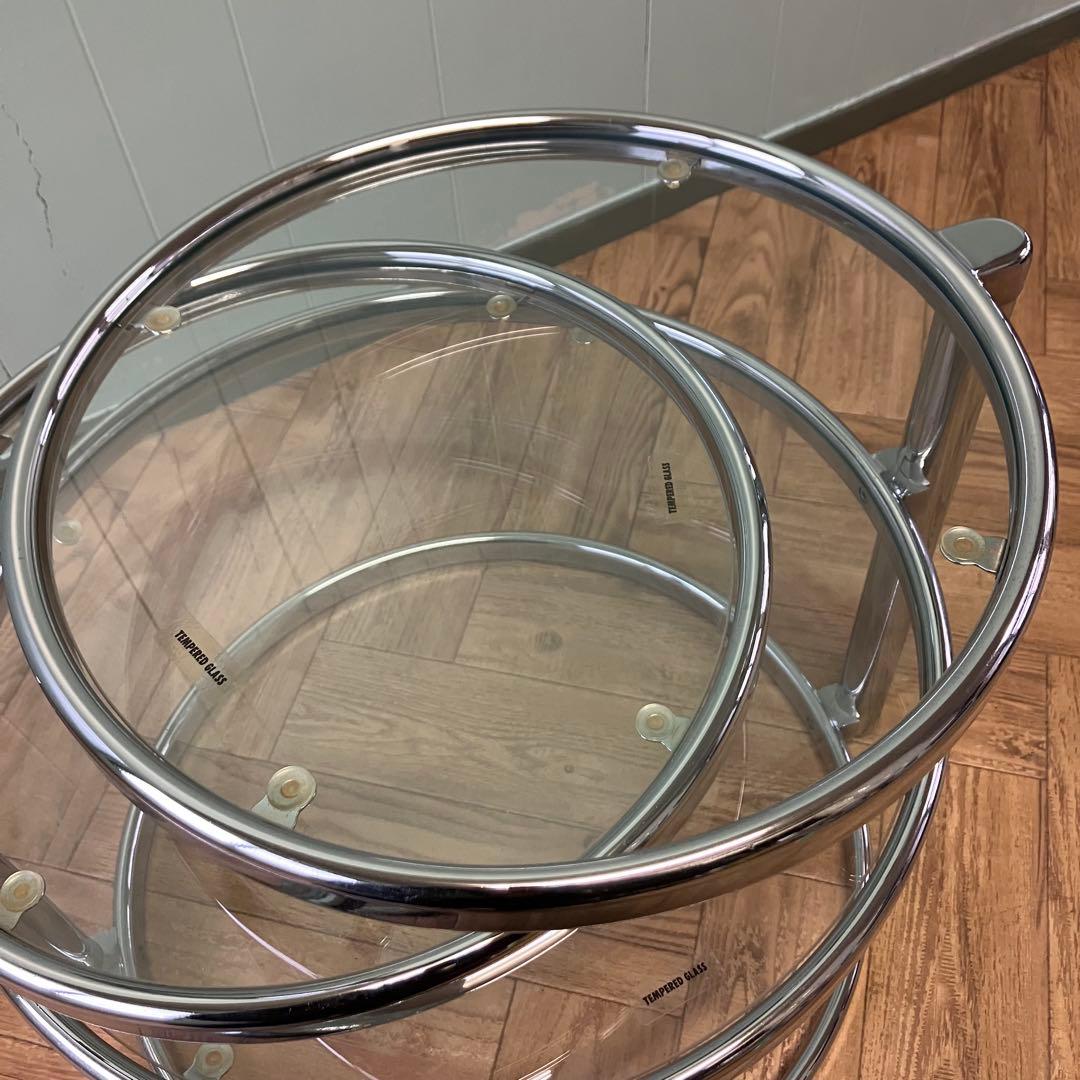 大人気❣️ミッドセンチュリー ラウンドテーブル　4段　強化ガラステーブル ✨