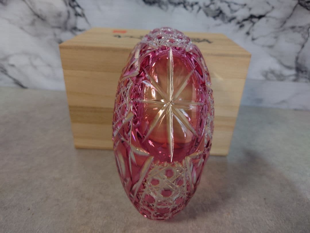 【未使用】山崎　薩摩切子　船形鉢　ワインレッド