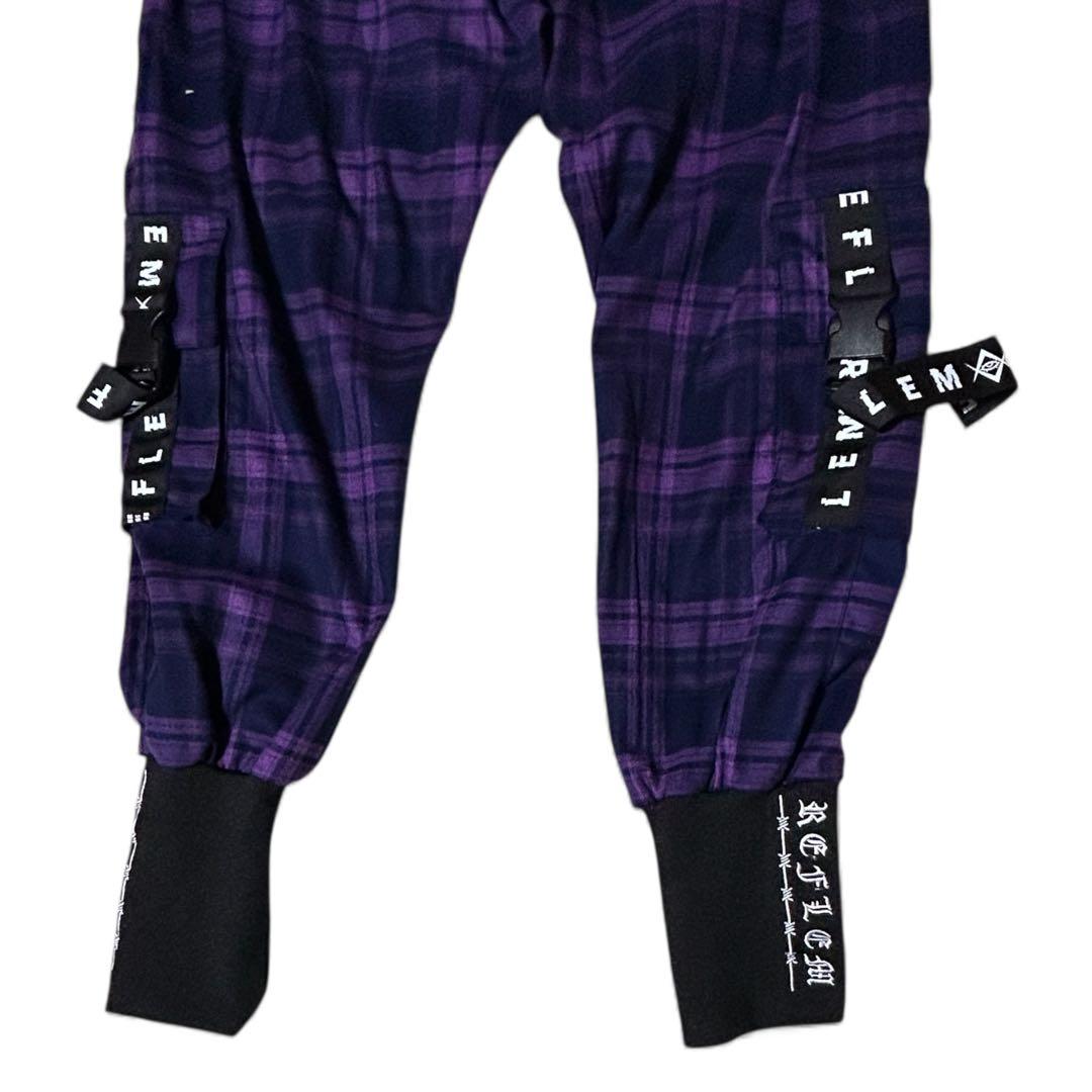 即完品✨REFLEM ハーネスロゴベルトカーゴパンツ パープルチェック FREE
