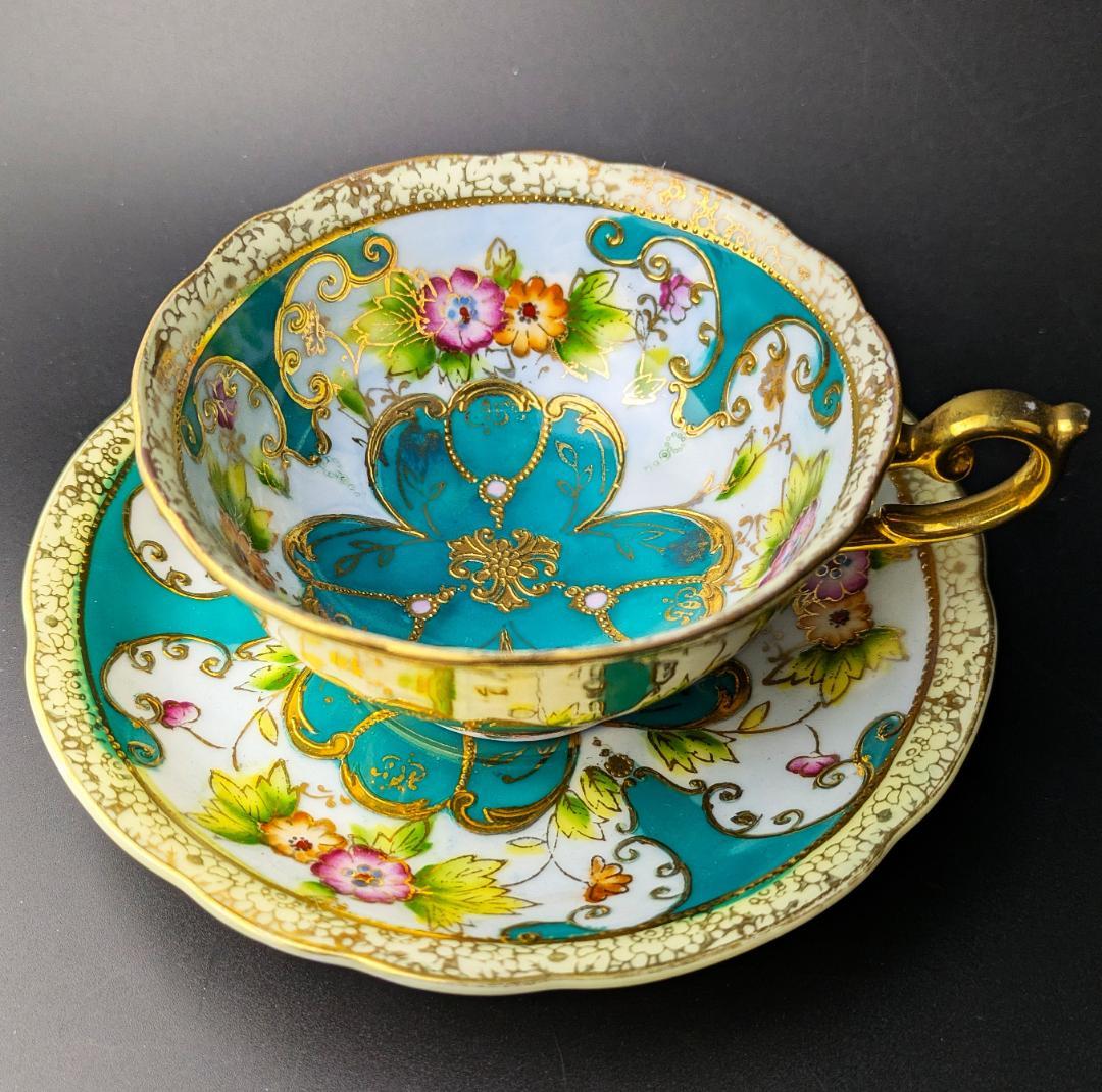 里帰り★佐治貿易 金彩金盛上草華紋様 ターコイズ カップソーサー