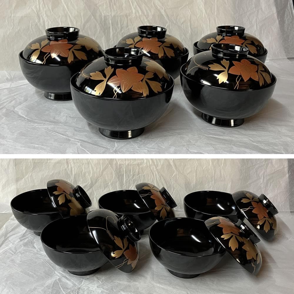 F1403 輪島塗 鉄仙蒔絵 吸物椀 五客 共箱 木製 漆器 懐石道具