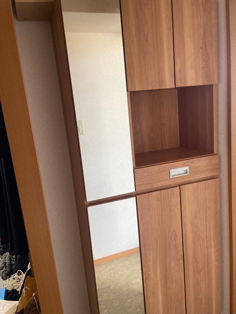 木目調シューズラック ミラー付き