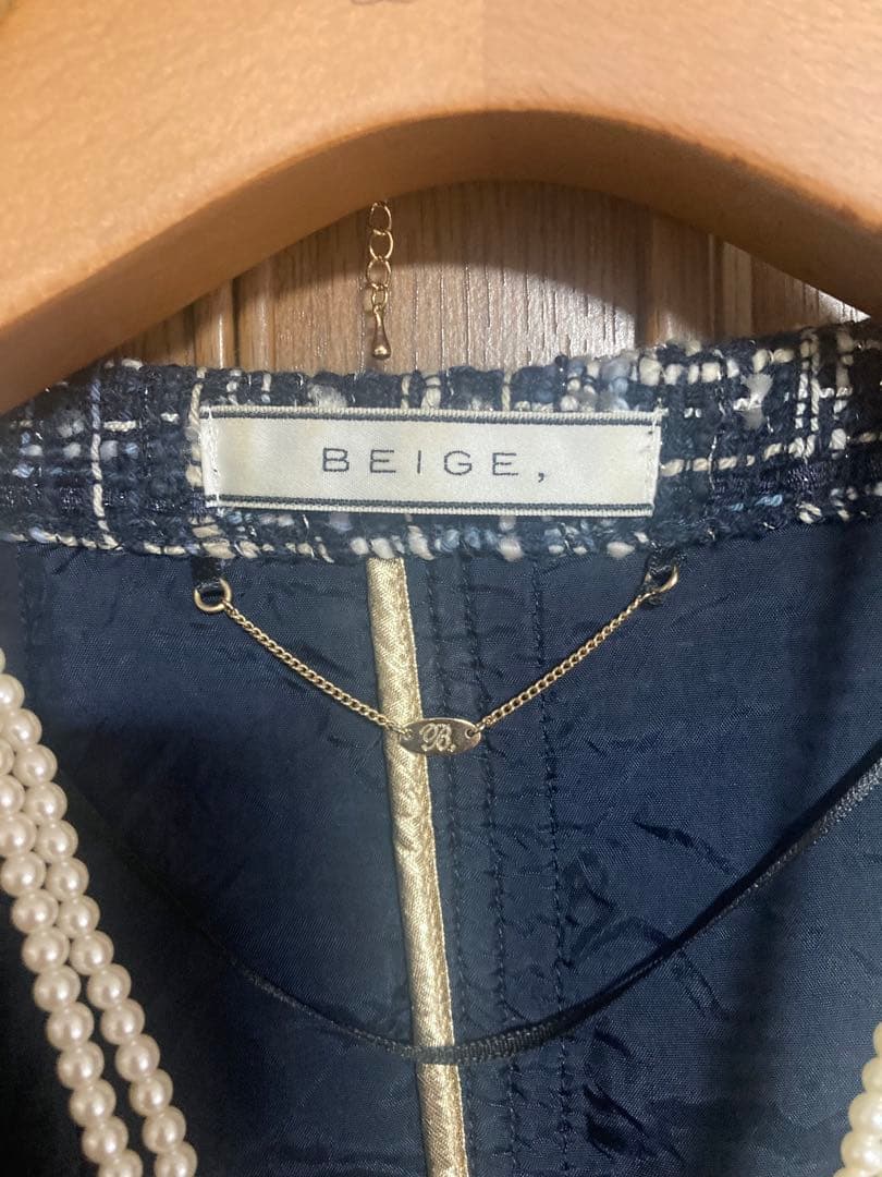 BEIGE, ベイジ　ツィード　ノーカラージャケット　スカート　6　ネイビー