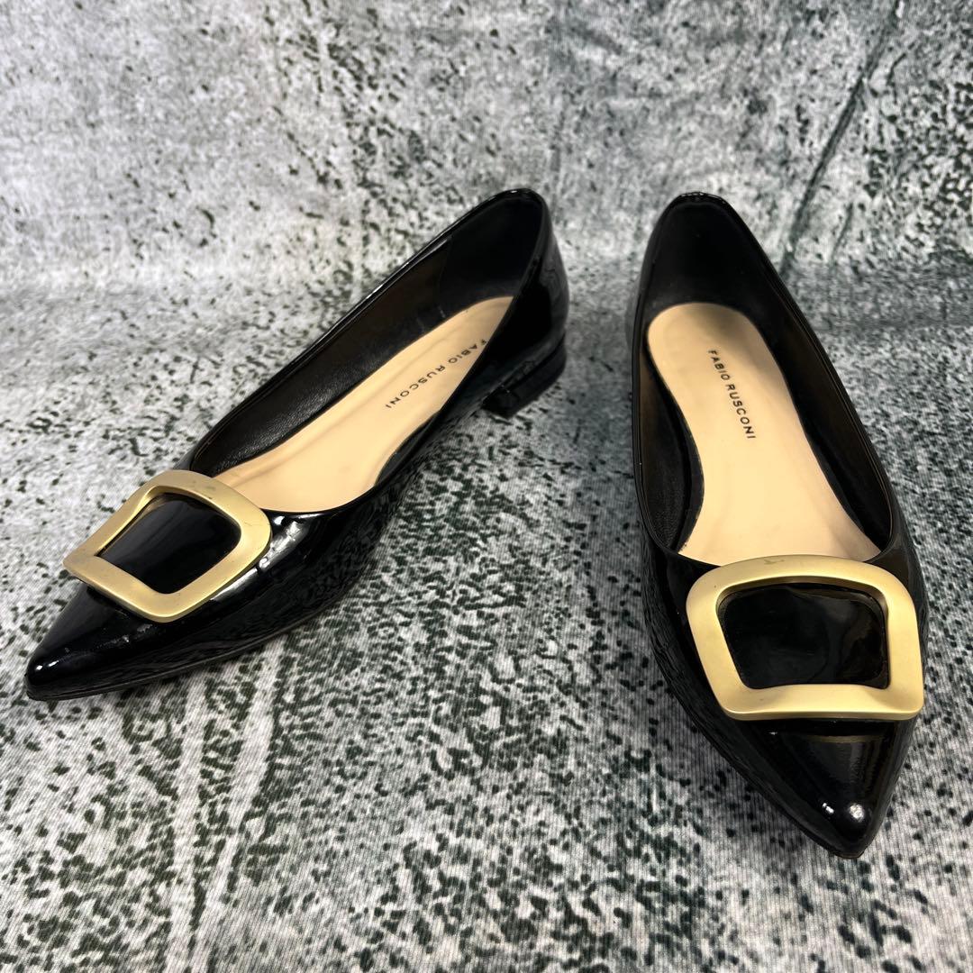 美品 ファビオルスコーニ フラットパンプス バックル エナメル ブラック