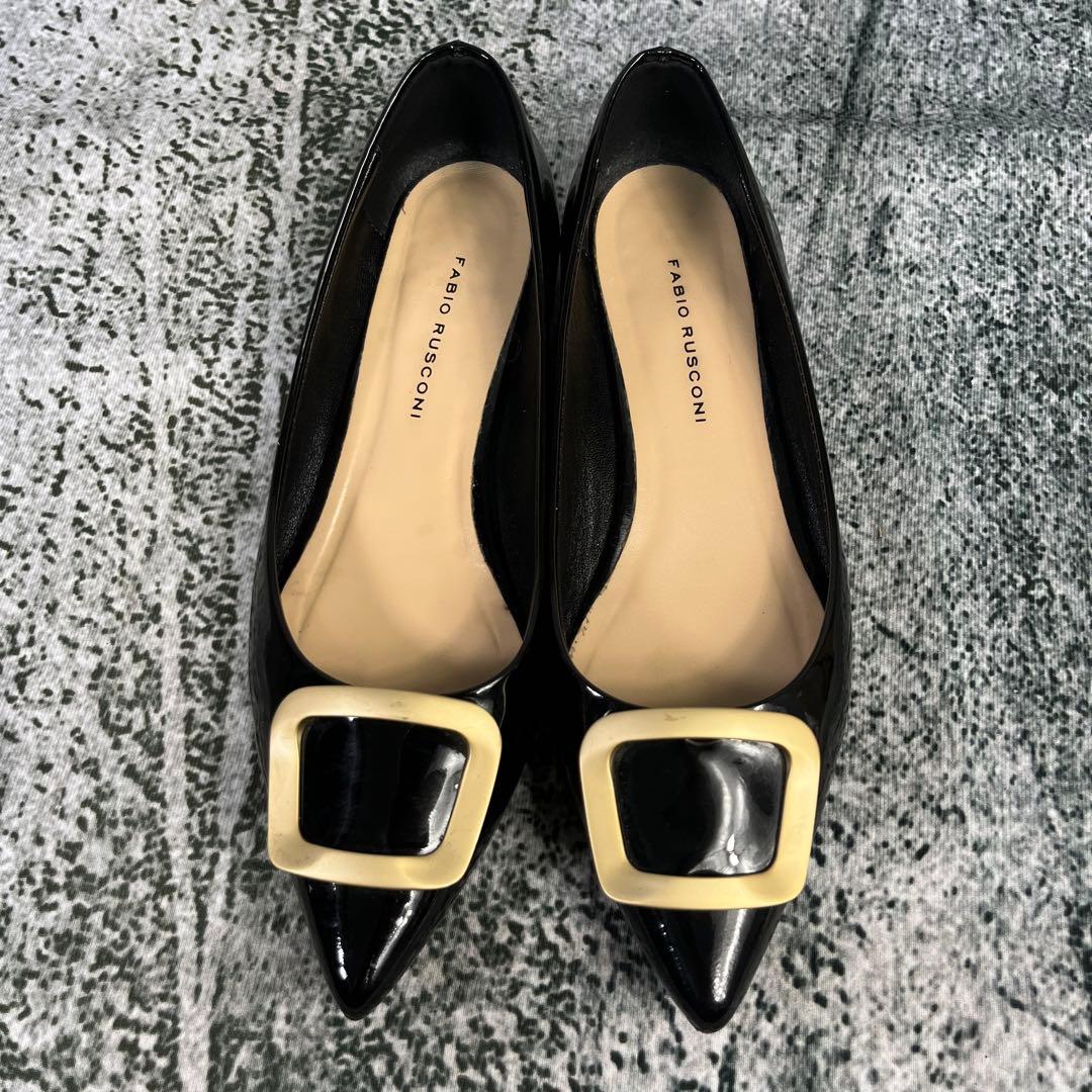 美品 ファビオルスコーニ フラットパンプス バックル エナメル ブラック