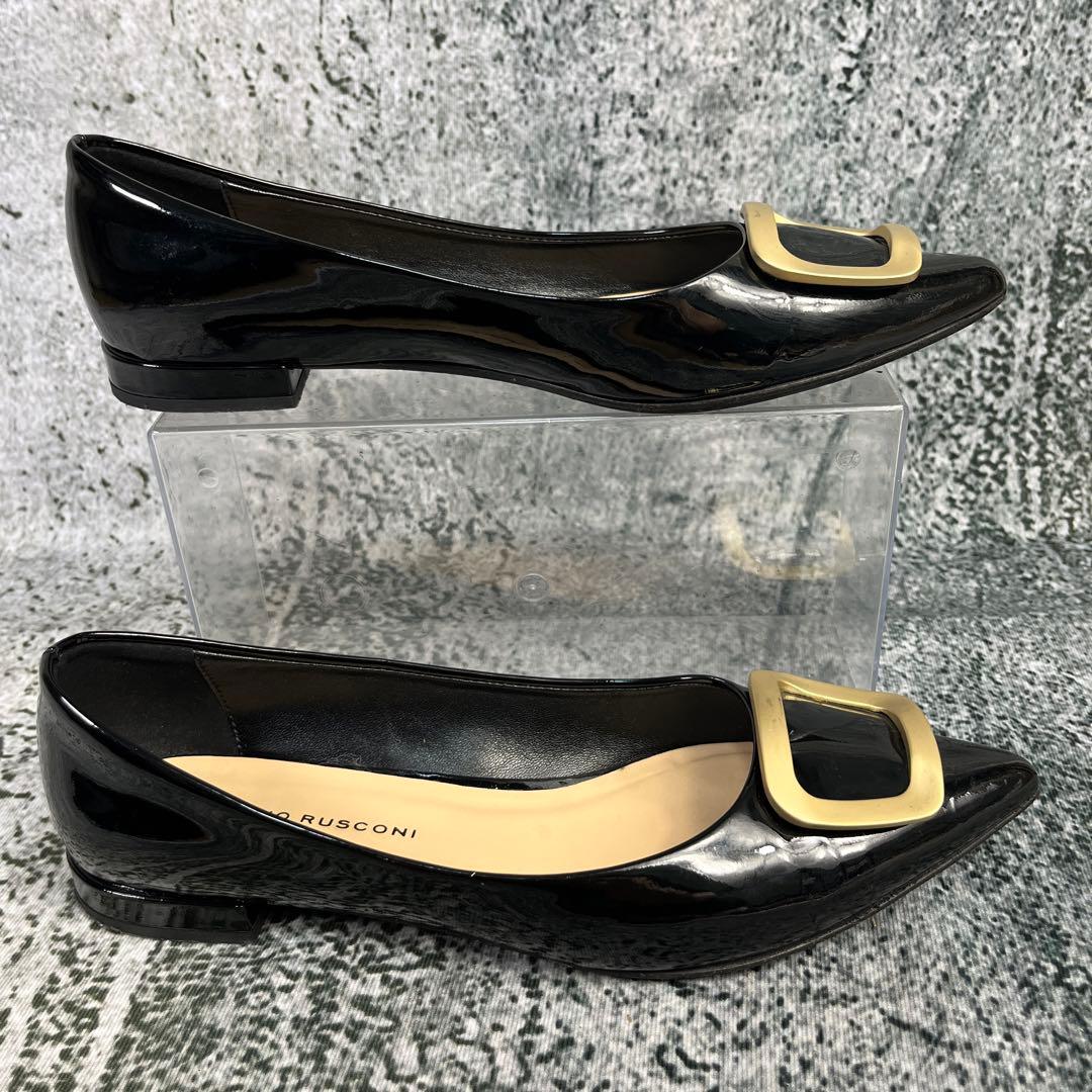 美品 ファビオルスコーニ フラットパンプス バックル エナメル ブラック