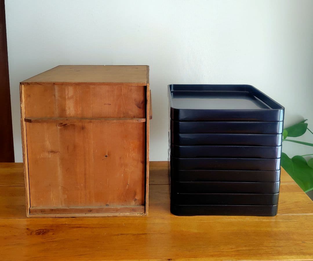 アンティーク　漆塗り膳　9枚セット　木箱付き　明治大正〜　約36.5cm　漆器