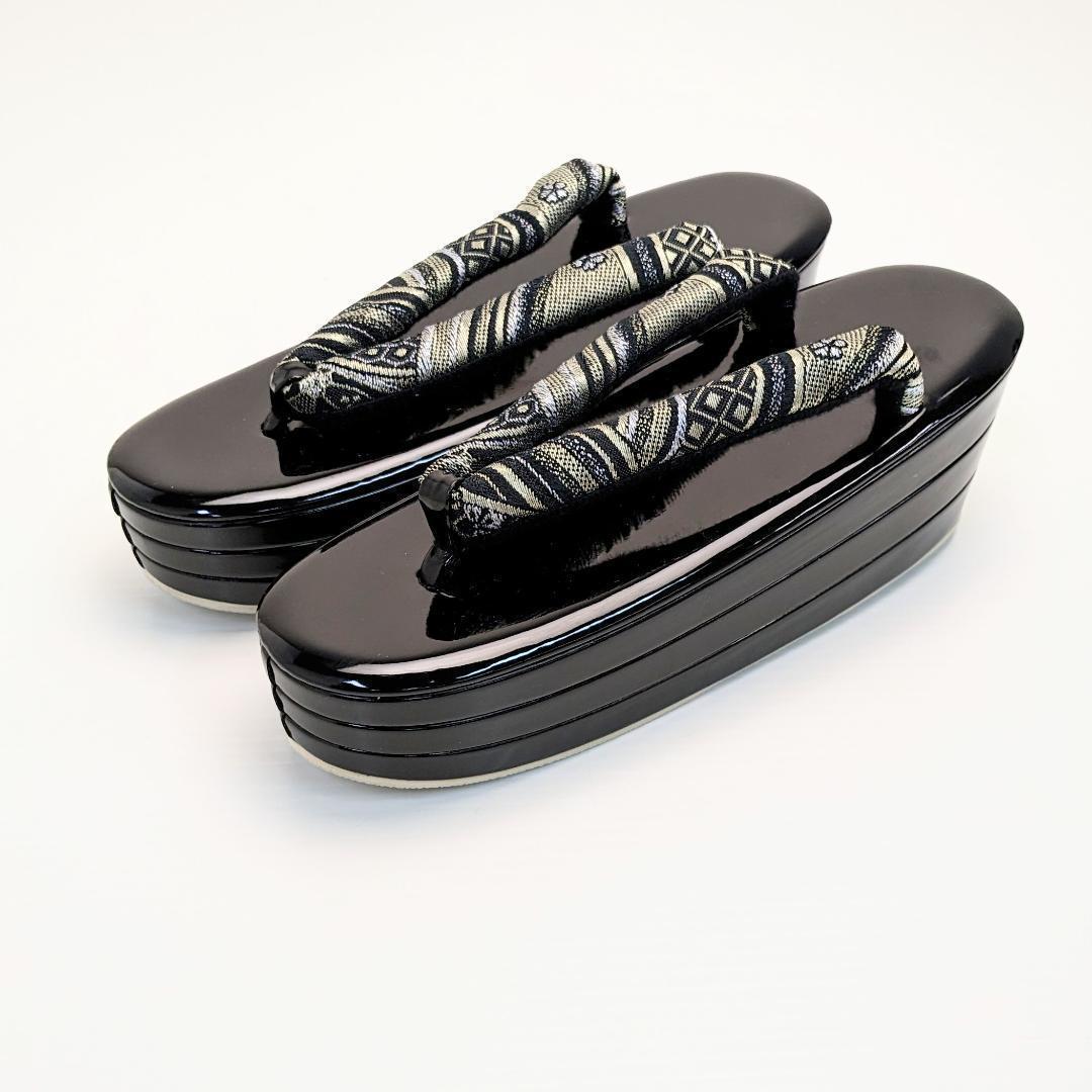 和装 草履バッグセット 帯地 波 黒×金 3枚芯 フリーサイズ k16-8