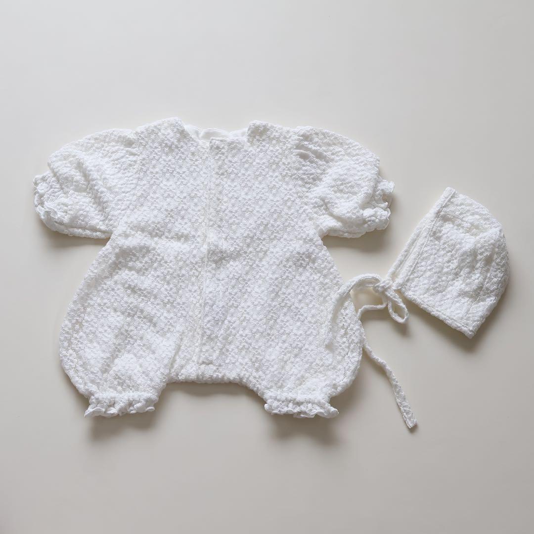 【美品】DE 退院着　オフホワイト　ボンネットセット