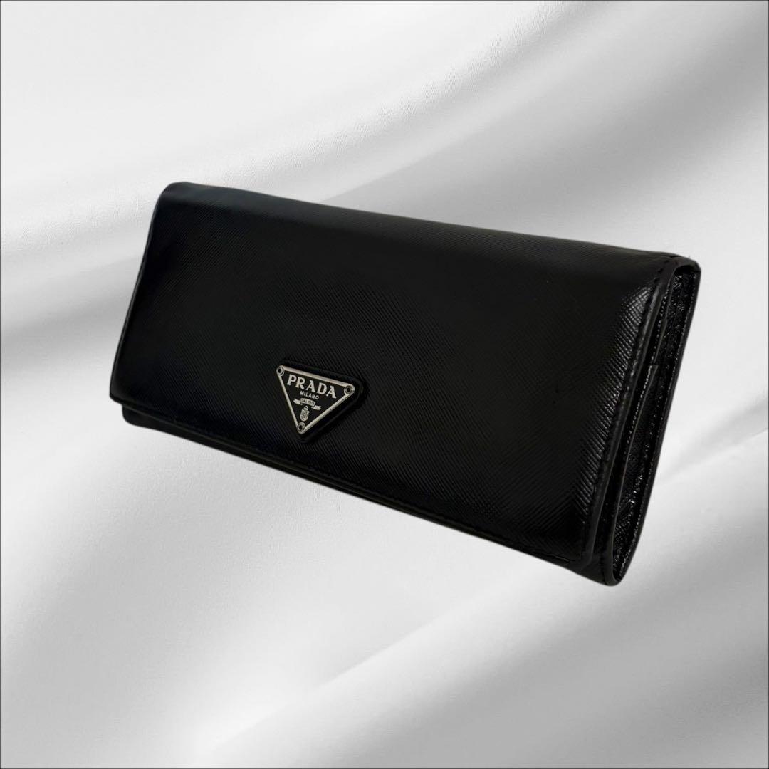 極美品✨PRADA プラダ 長財布 二つ折り財布 サフィアーノ ブラック 三角