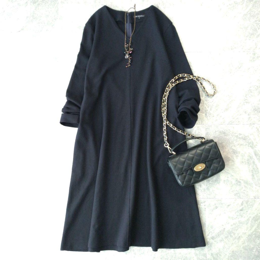 052 ふうみん様 23区 ウールジャージー フレア ワンピース ネイビー