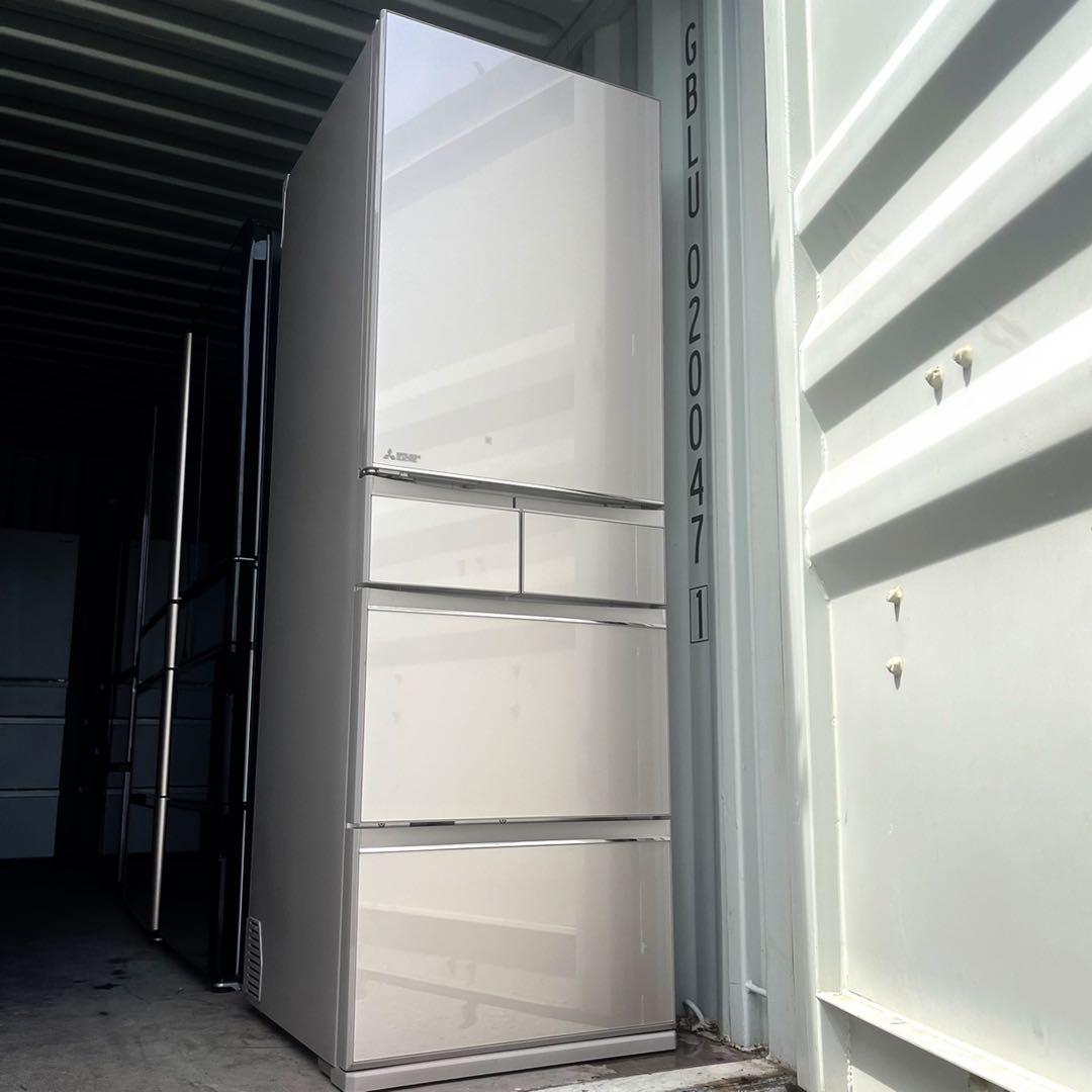 取付無料！三菱チルドルーム搭載おしゃれグレージュガラスドア大型冷蔵庫！洗濯機