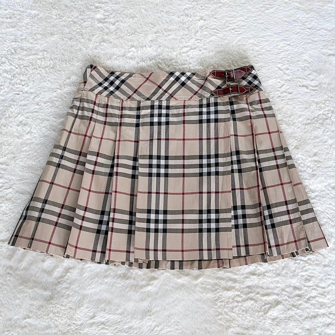 【バーバリーブルーレーベル】ベルトラッププリーツスカート ベージュノバチェック