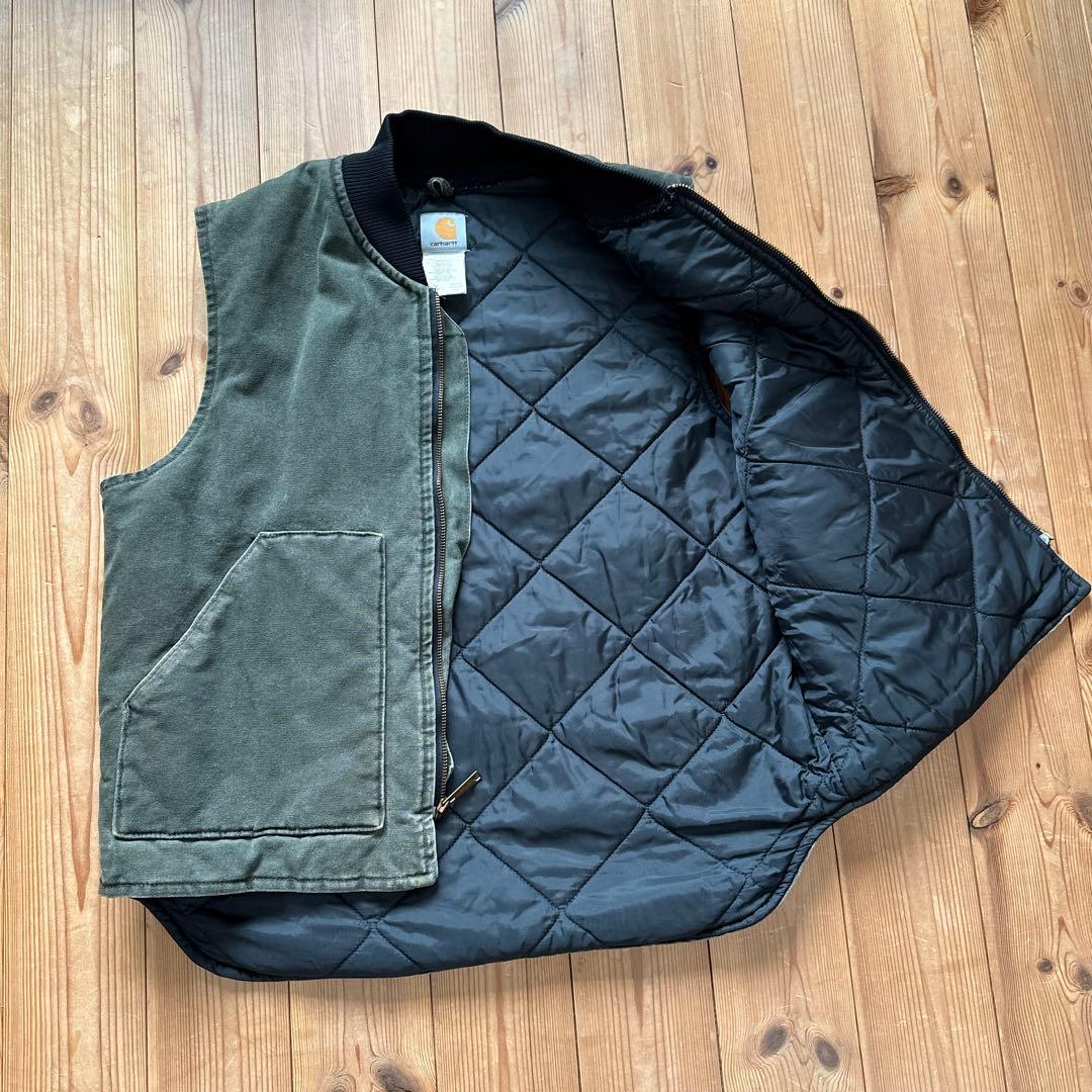 カーハート【L】 00s USA製 ダックベスト モスグリーン　極上フェード