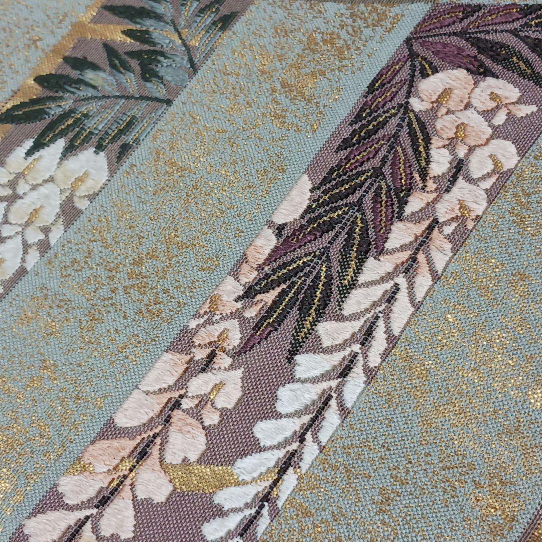 新品　礼装用袋帯　緑に金箔織　不死の“藤の花”　刺繍　金糸輝く優雅で美しい逸品