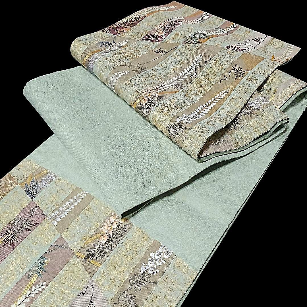 新品　礼装用袋帯　緑に金箔織　不死の“藤の花”　刺繍　金糸輝く優雅で美しい逸品