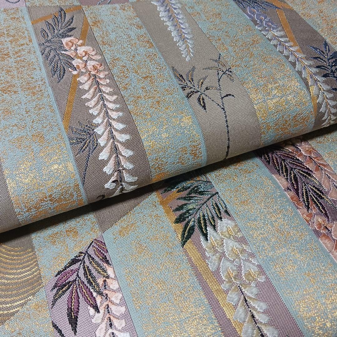 新品　礼装用袋帯　緑に金箔織　不死の“藤の花”　刺繍　金糸輝く優雅で美しい逸品