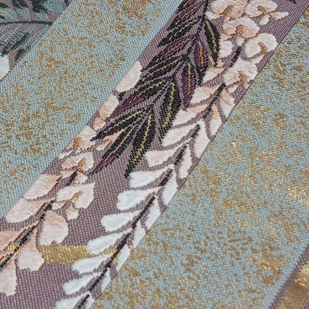 新品　礼装用袋帯　緑に金箔織　不死の“藤の花”　刺繍　金糸輝く優雅で美しい逸品