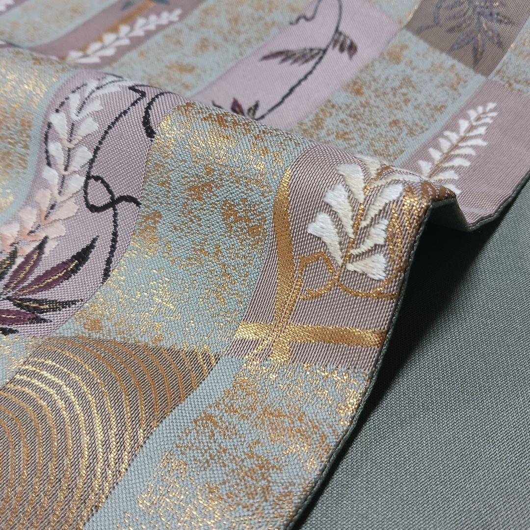 新品　礼装用袋帯　緑に金箔織　不死の“藤の花”　刺繍　金糸輝く優雅で美しい逸品