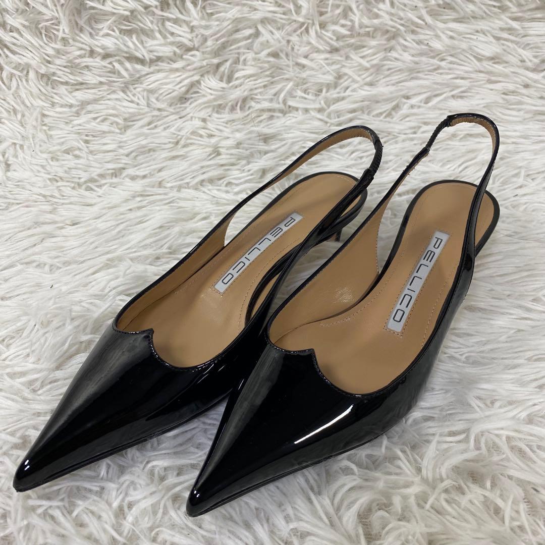 美品 ペリーコ PELLICO バックストラップミュール 22cm エナメル 黒