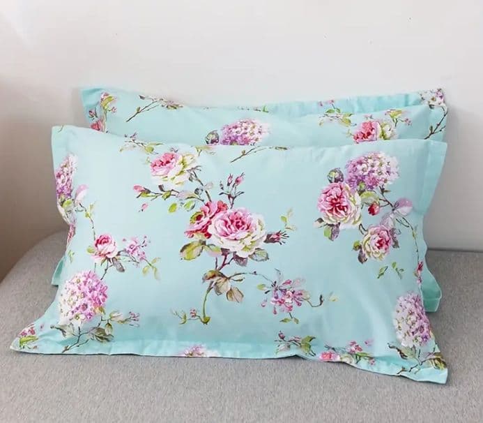 最高級新品★薔薇紫陽花水色ストライプ綿100%シングル掛け布団カバー枕カバー3点