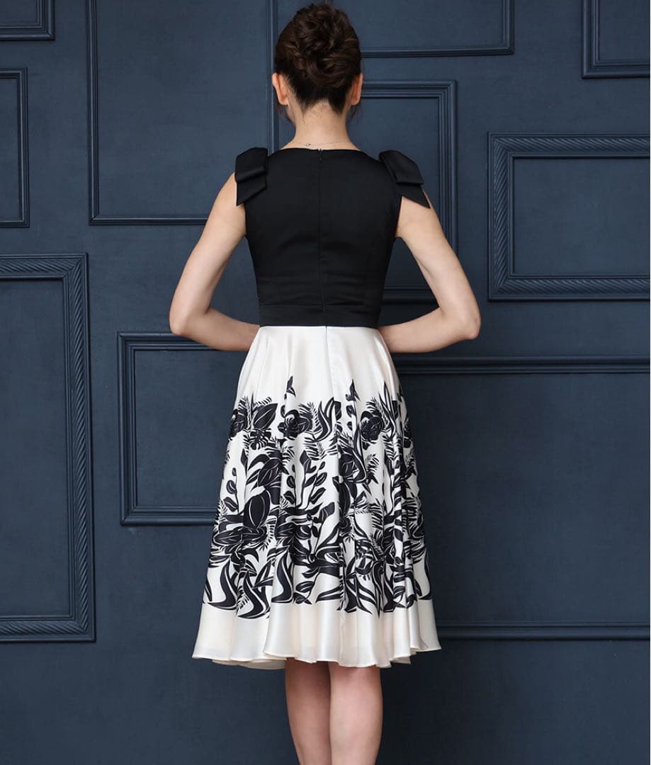 SETTAN ブラック×ベージュ・肩リボン・Aライン・フレア・ロングドレス