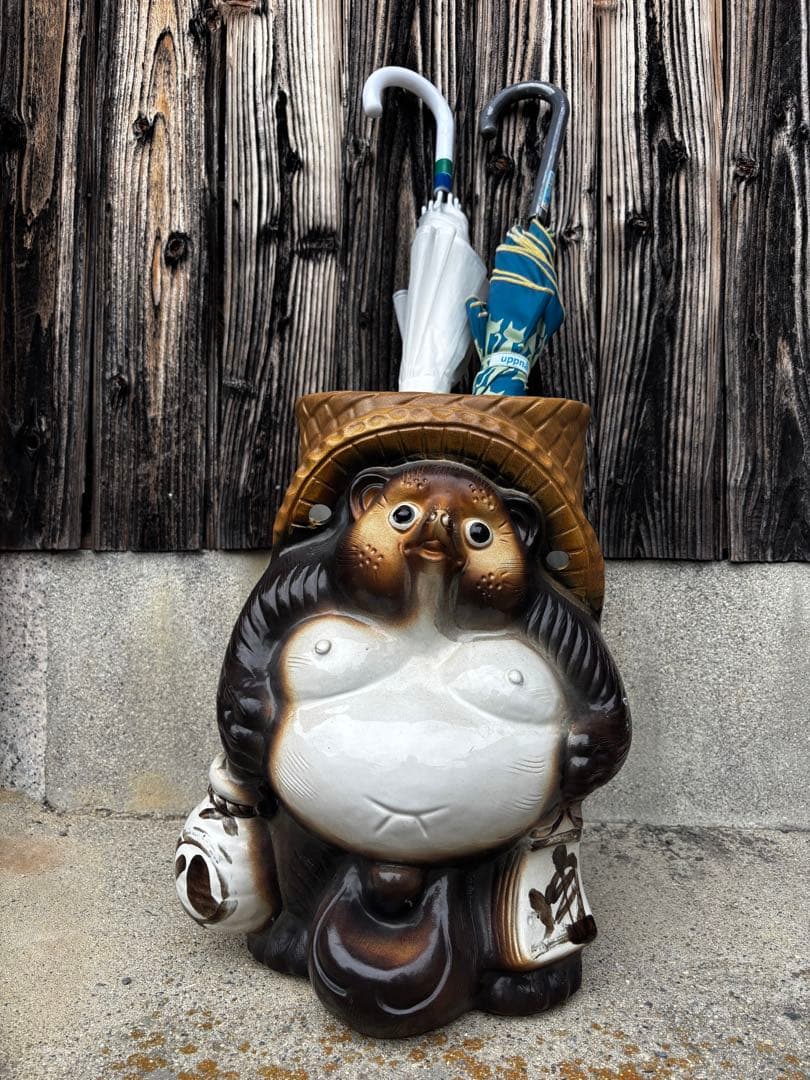 信楽焼 たぬき 2体セット 傘立て＆置物 商売繁盛 縁起物 陶器製 昭和レトロ