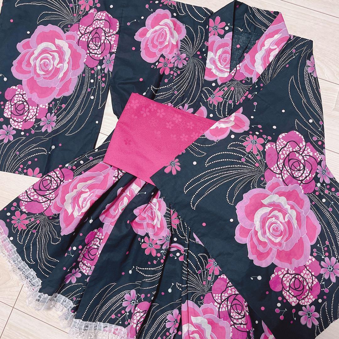ドレス浴衣 　大人フリーサイズ　ハンドメイド　地雷　姫ギャル　バラ　ピンク