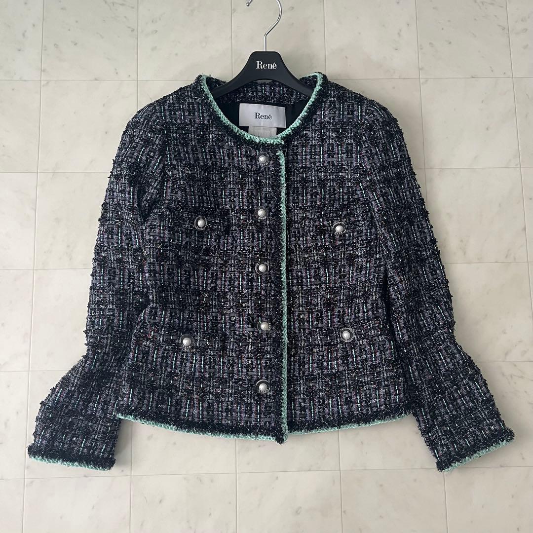 近年♡ルネ TISSUE製 ノーカラー ツイード ジャケット パール ラメ 34