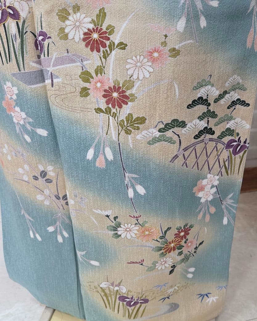 トールサイズ訪問着4点フルセット、着物、袋帯、帯締め、帯揚げ