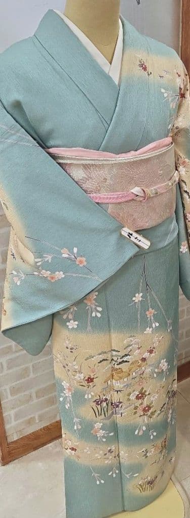 トールサイズ訪問着4点フルセット、着物、袋帯、帯締め、帯揚げ