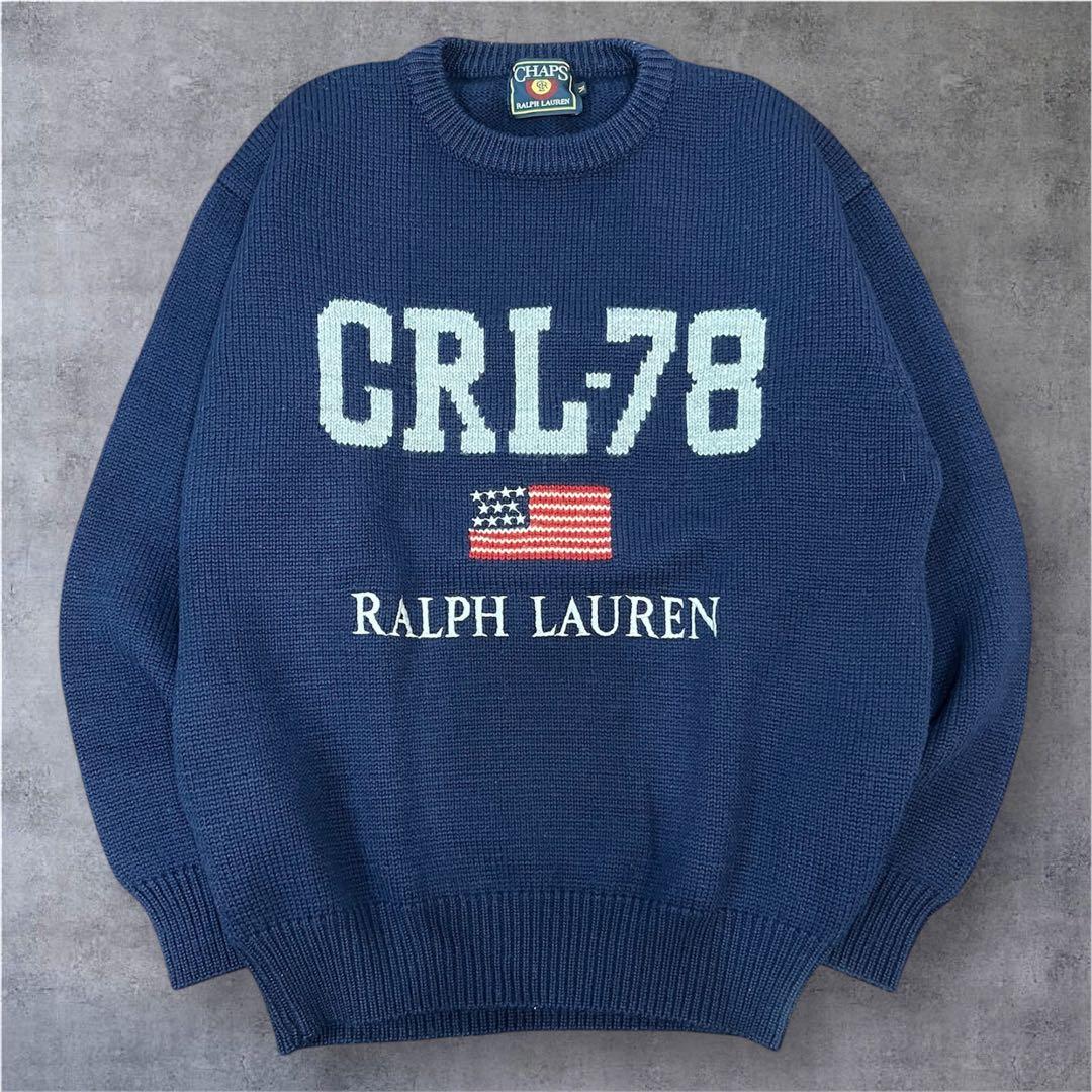 【希少】チャップス ラルフローレン 刺繍ロゴ ニット セーター 紺 M 90s