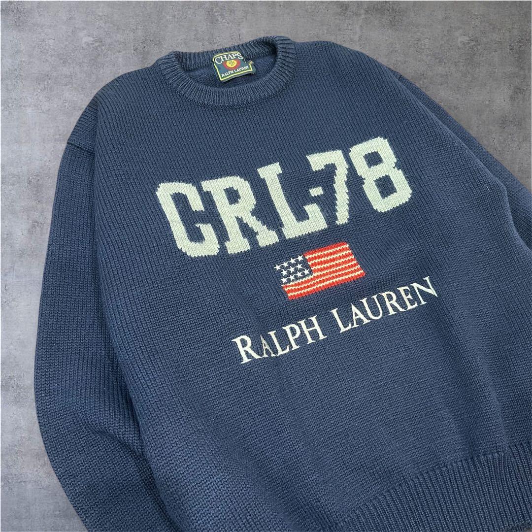【希少】チャップス ラルフローレン 刺繍ロゴ ニット セーター 紺 M 90s