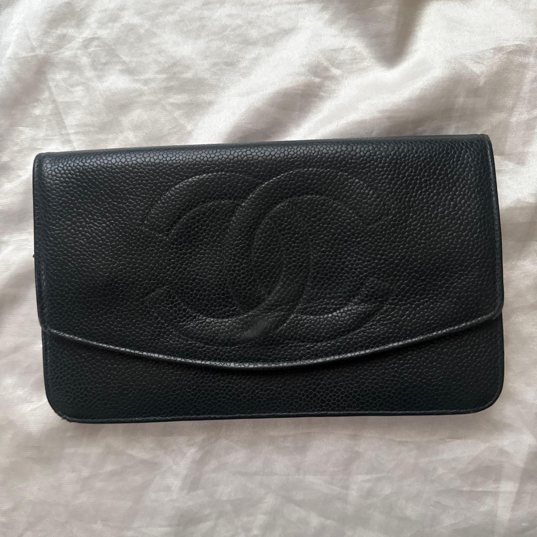 CHANEL Chanelブラックレザー 長財布 シャネル