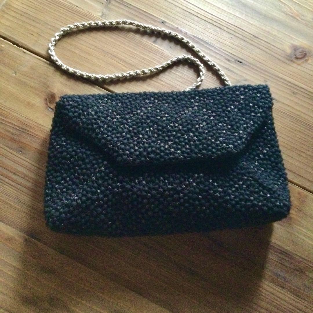 花珠 黒の編物 クラッチバッグ