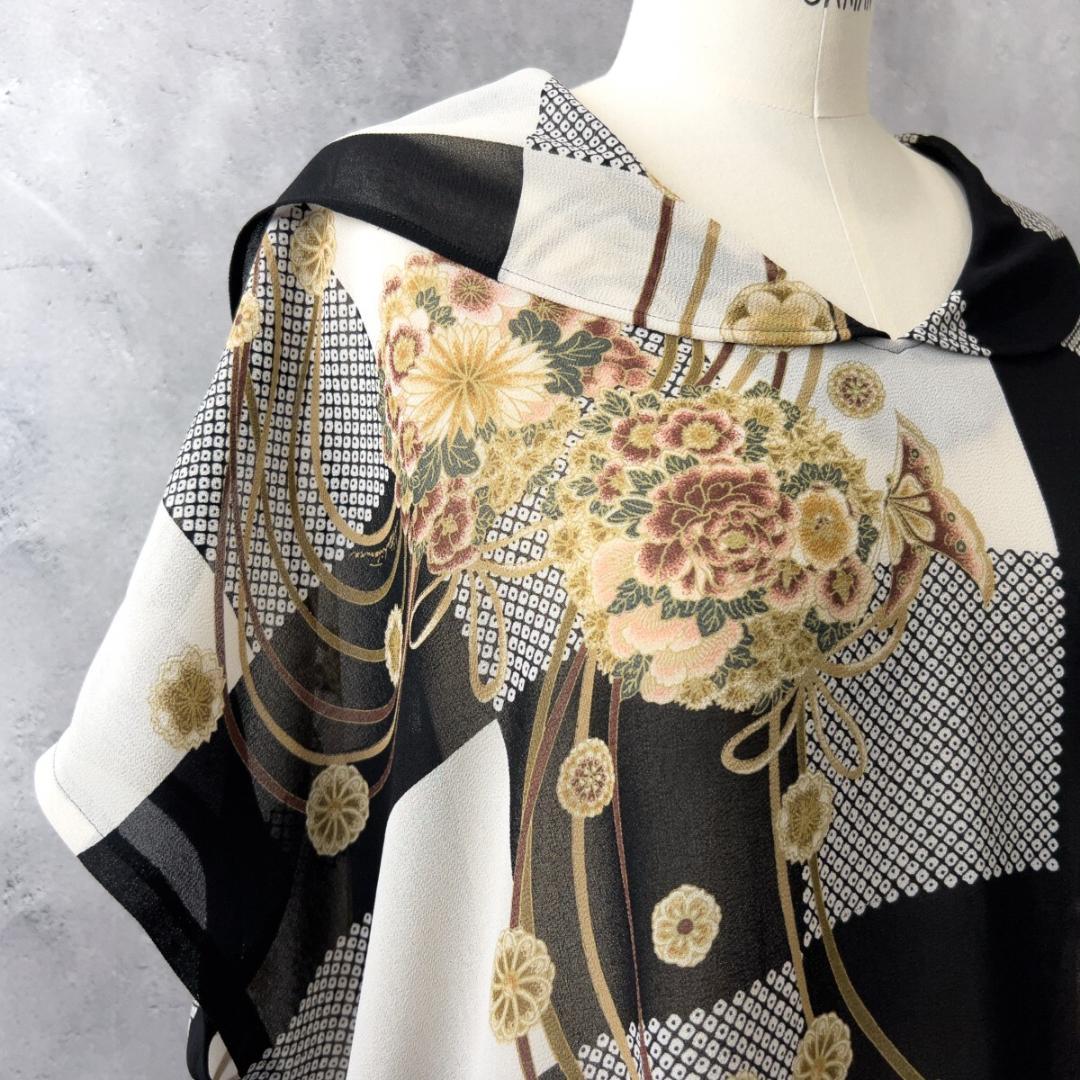 詩仙堂 シセンドウ フード シフォン ロング チュニック ワンピース 花柄 黒